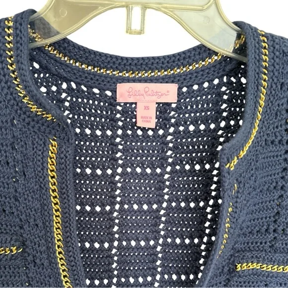 Lily Pulitzer navy cardigan with gold chain accents XS EUC DH-15 - Picture 2 of 6